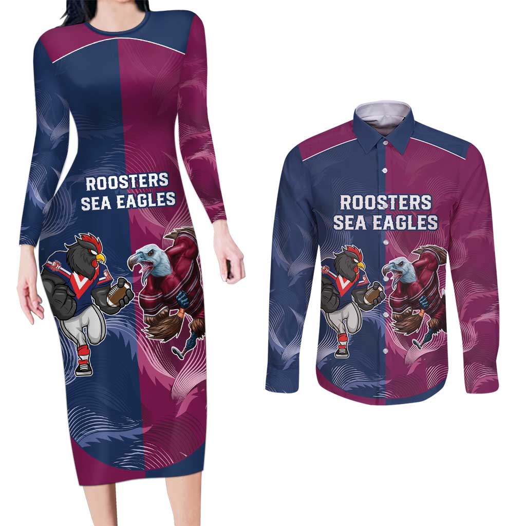 Roosters-Sea Eagles Rugby Custom Couples Matching Long Sleeve Bodycon Dress and Long Sleeve Button Shirt Half Grunge Style