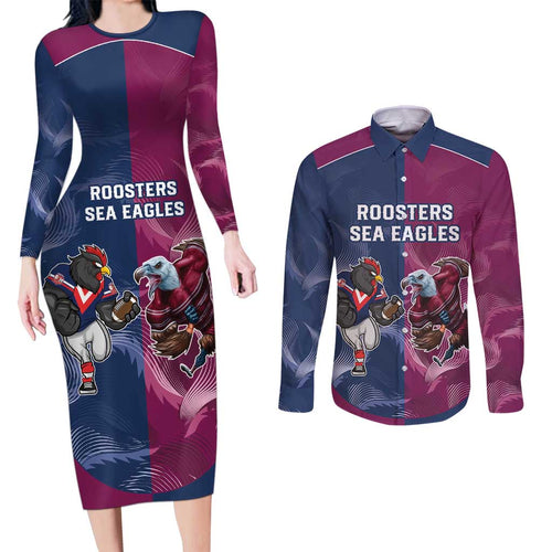 Roosters-Sea Eagles Rugby Custom Couples Matching Long Sleeve Bodycon Dress and Long Sleeve Button Shirt Half Grunge Style