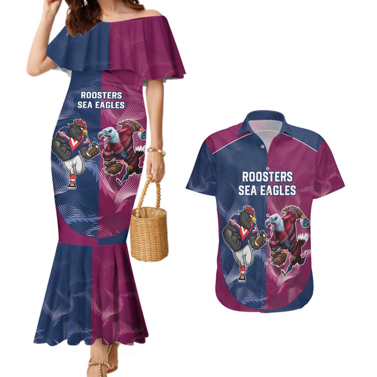 Roosters-Sea Eagles Rugby Custom Couples Matching Mermaid Dress and Hawaiian Shirt Half Grunge Style