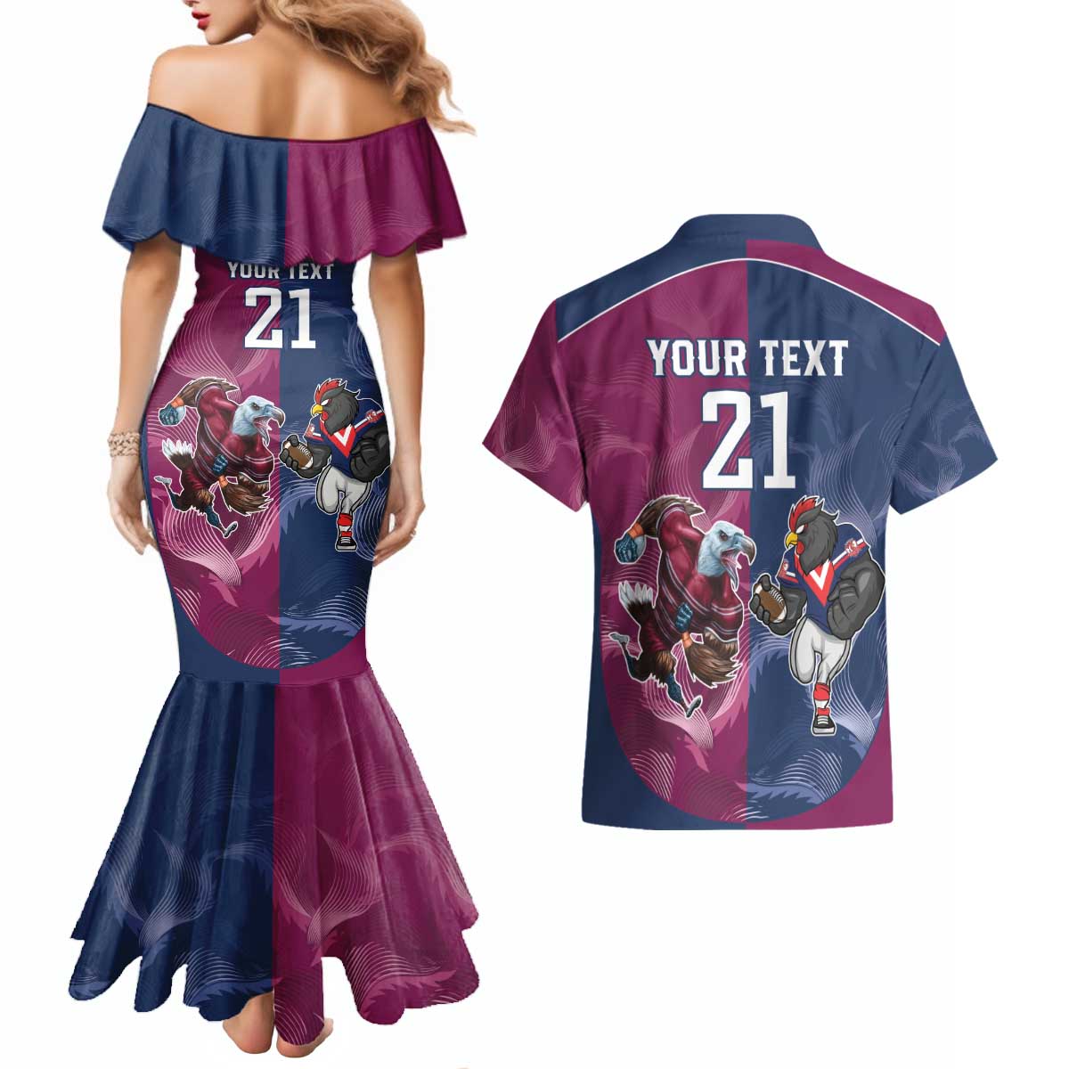 Roosters-Sea Eagles Rugby Custom Couples Matching Mermaid Dress and Hawaiian Shirt Half Grunge Style