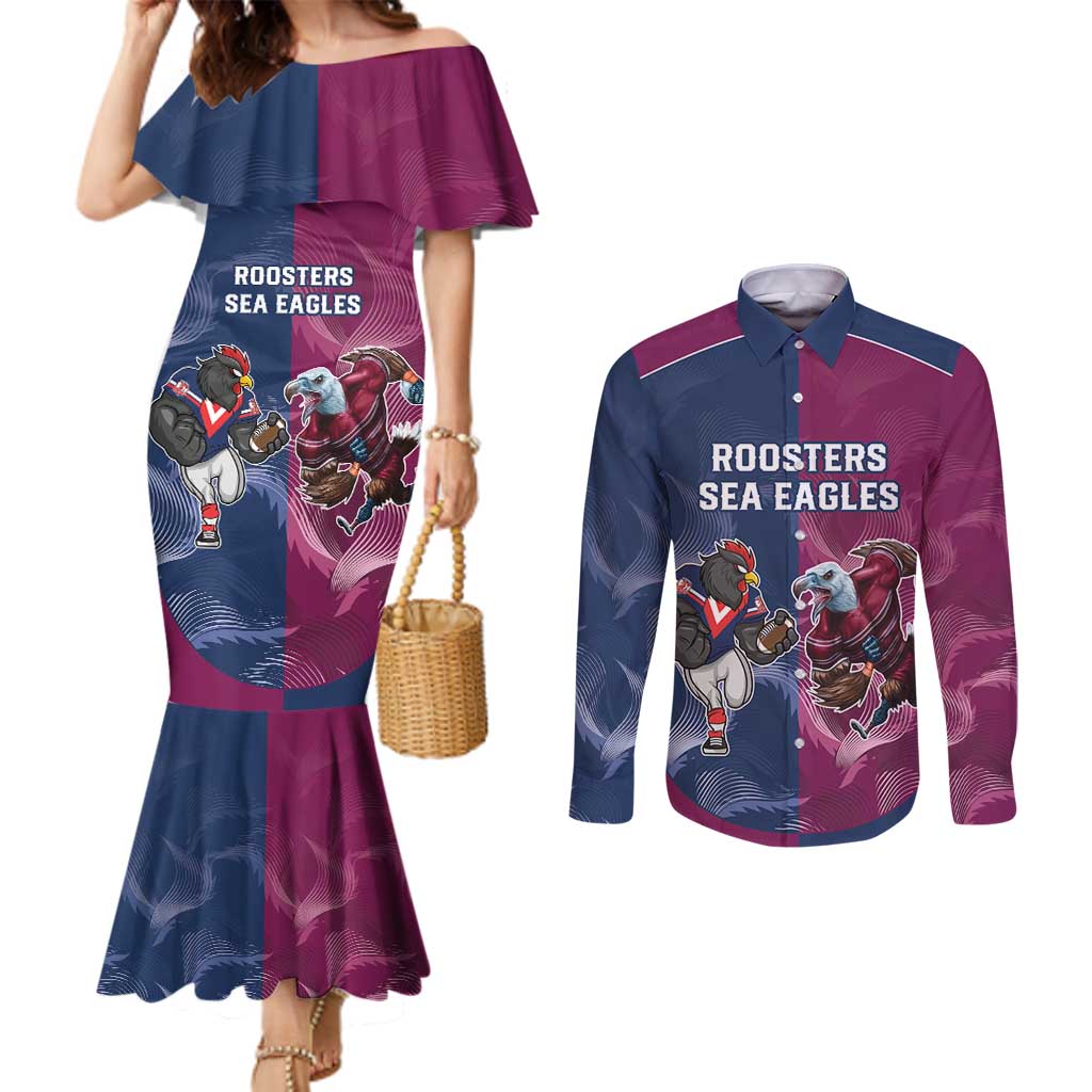 Roosters-Sea Eagles Rugby Custom Couples Matching Mermaid Dress and Long Sleeve Button Shirt Half Grunge Style