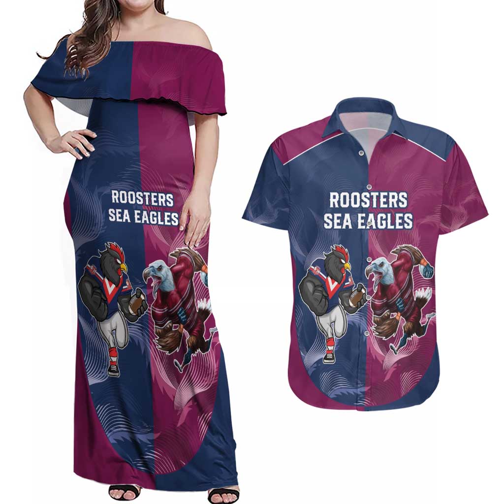 Roosters-Sea Eagles Rugby Custom Couples Matching Off Shoulder Maxi Dress and Hawaiian Shirt Half Grunge Style