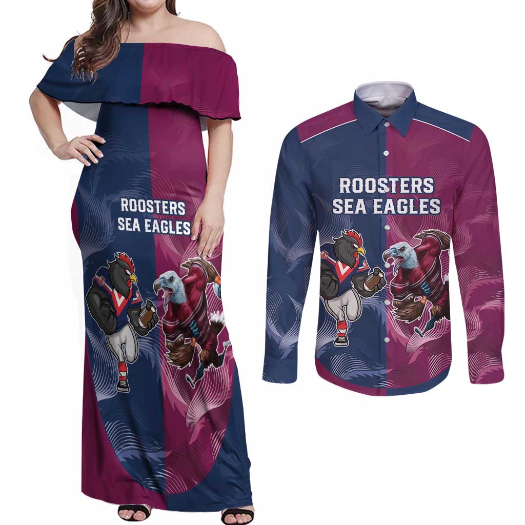 Roosters-Sea Eagles Rugby Custom Couples Matching Off Shoulder Maxi Dress and Long Sleeve Button Shirt Half Grunge Style