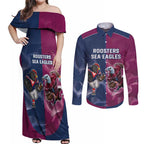 Roosters-Sea Eagles Rugby Custom Couples Matching Off Shoulder Maxi Dress and Long Sleeve Button Shirt Half Grunge Style