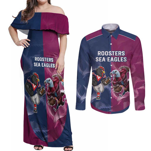 Roosters-Sea Eagles Rugby Custom Couples Matching Off Shoulder Maxi Dress and Long Sleeve Button Shirt Half Grunge Style