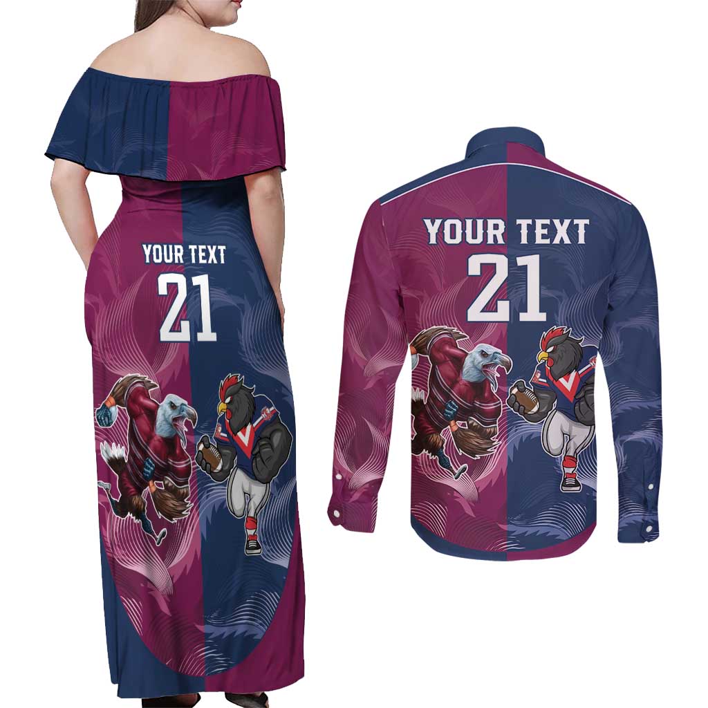 Roosters-Sea Eagles Rugby Custom Couples Matching Off Shoulder Maxi Dress and Long Sleeve Button Shirt Half Grunge Style