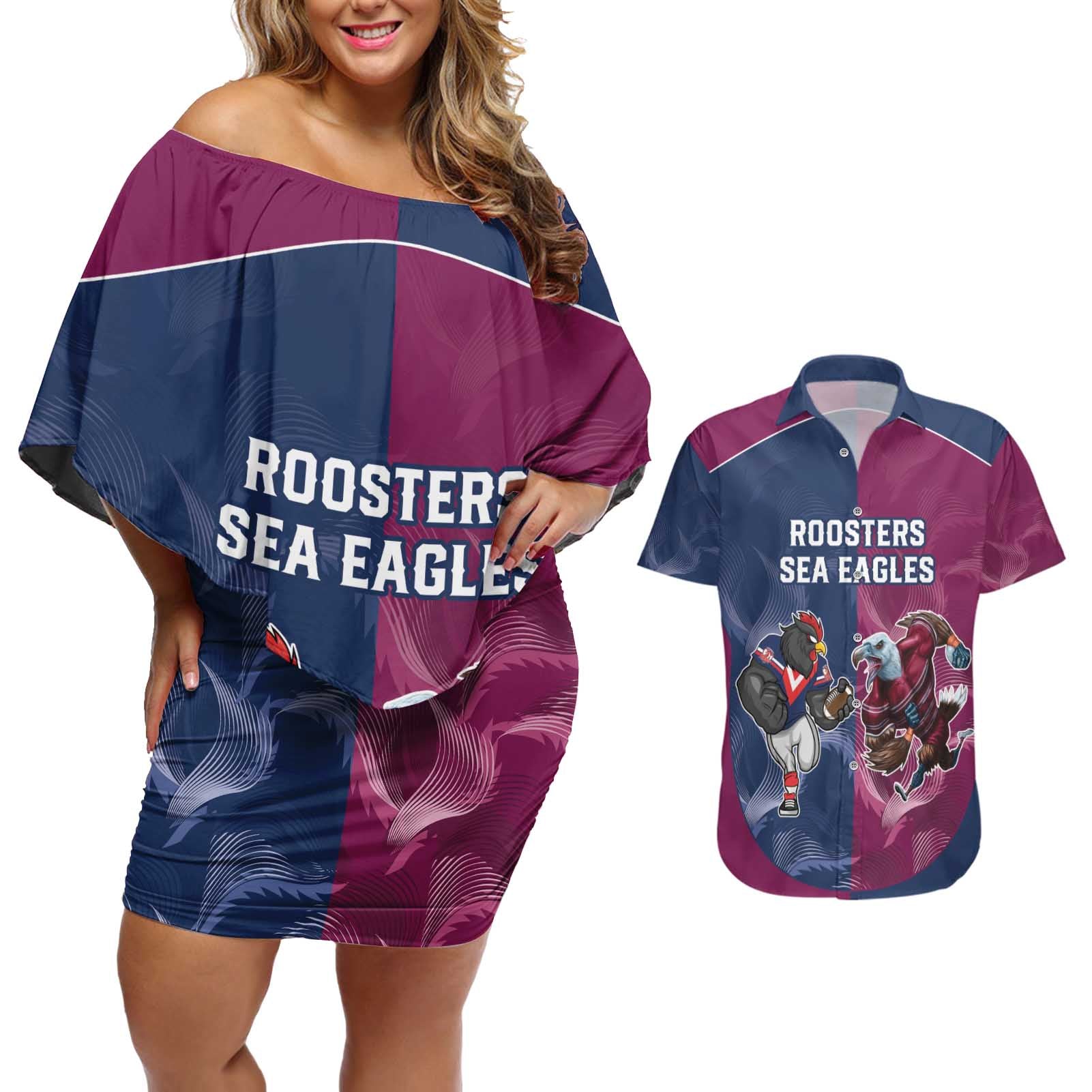 Roosters-Sea Eagles Rugby Custom Couples Matching Off Shoulder Short Dress and Hawaiian Shirt Half Grunge Style