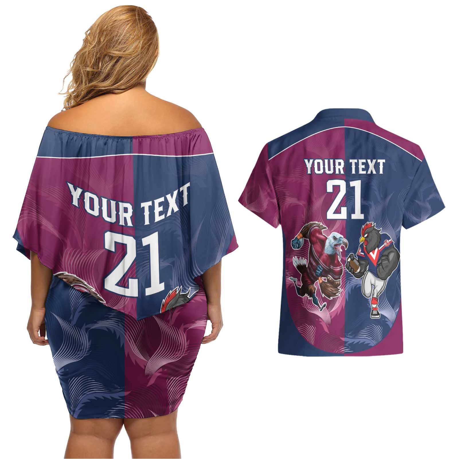 Roosters-Sea Eagles Rugby Custom Couples Matching Off Shoulder Short Dress and Hawaiian Shirt Half Grunge Style