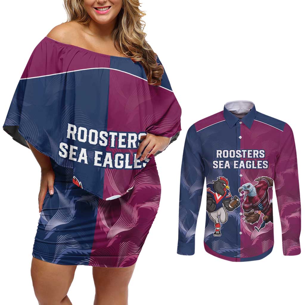Roosters-Sea Eagles Rugby Custom Couples Matching Off Shoulder Short Dress and Long Sleeve Button Shirt Half Grunge Style