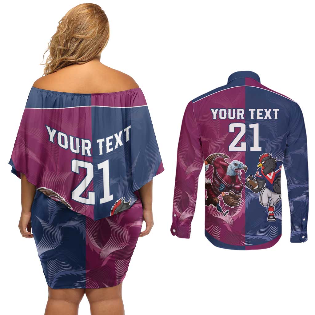 Roosters-Sea Eagles Rugby Custom Couples Matching Off Shoulder Short Dress and Long Sleeve Button Shirt Half Grunge Style