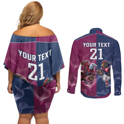 Roosters-Sea Eagles Rugby Custom Couples Matching Off Shoulder Short Dress and Long Sleeve Button Shirt Half Grunge Style