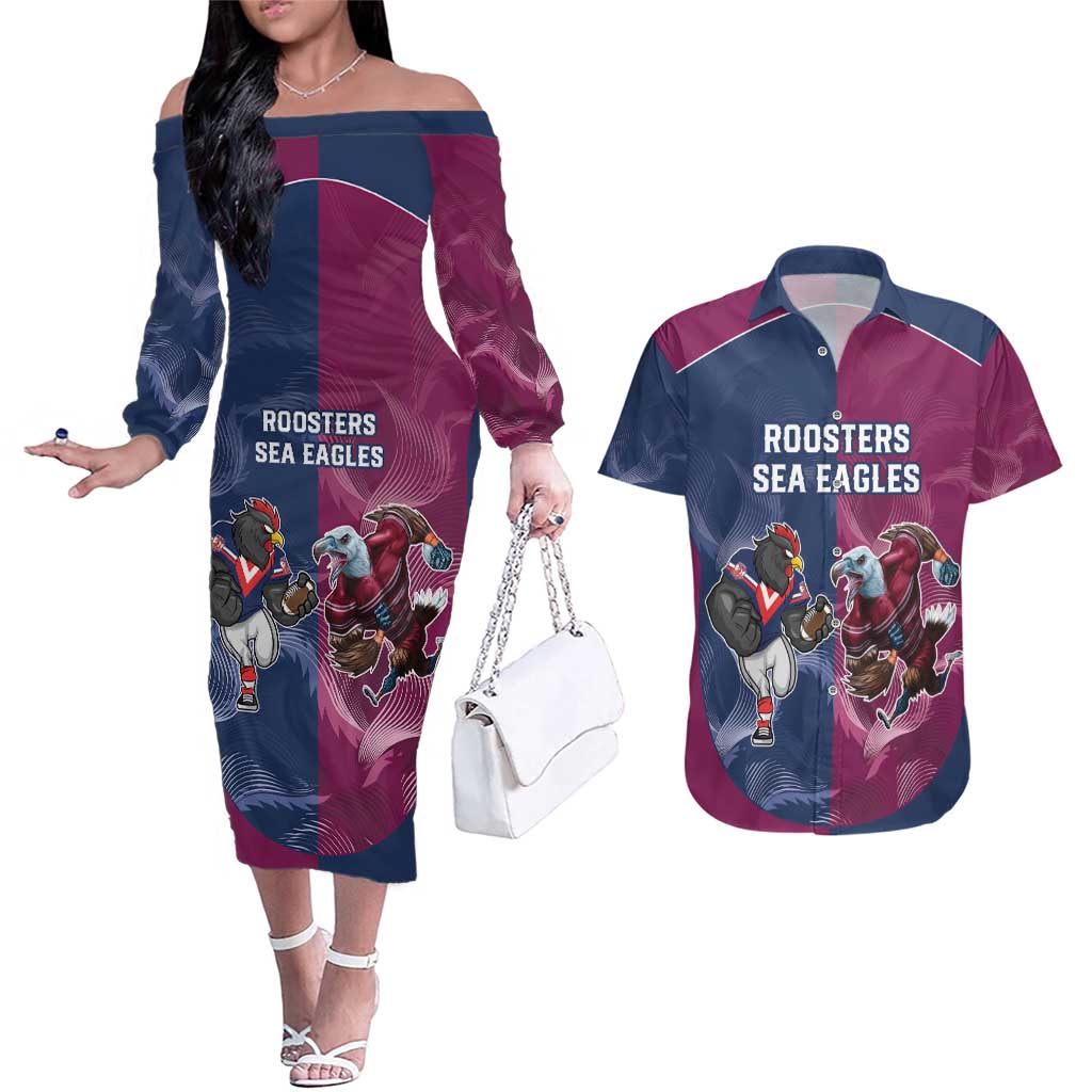 Roosters-Sea Eagles Rugby Custom Couples Matching Off The Shoulder Long Sleeve Dress and Hawaiian Shirt Half Grunge Style