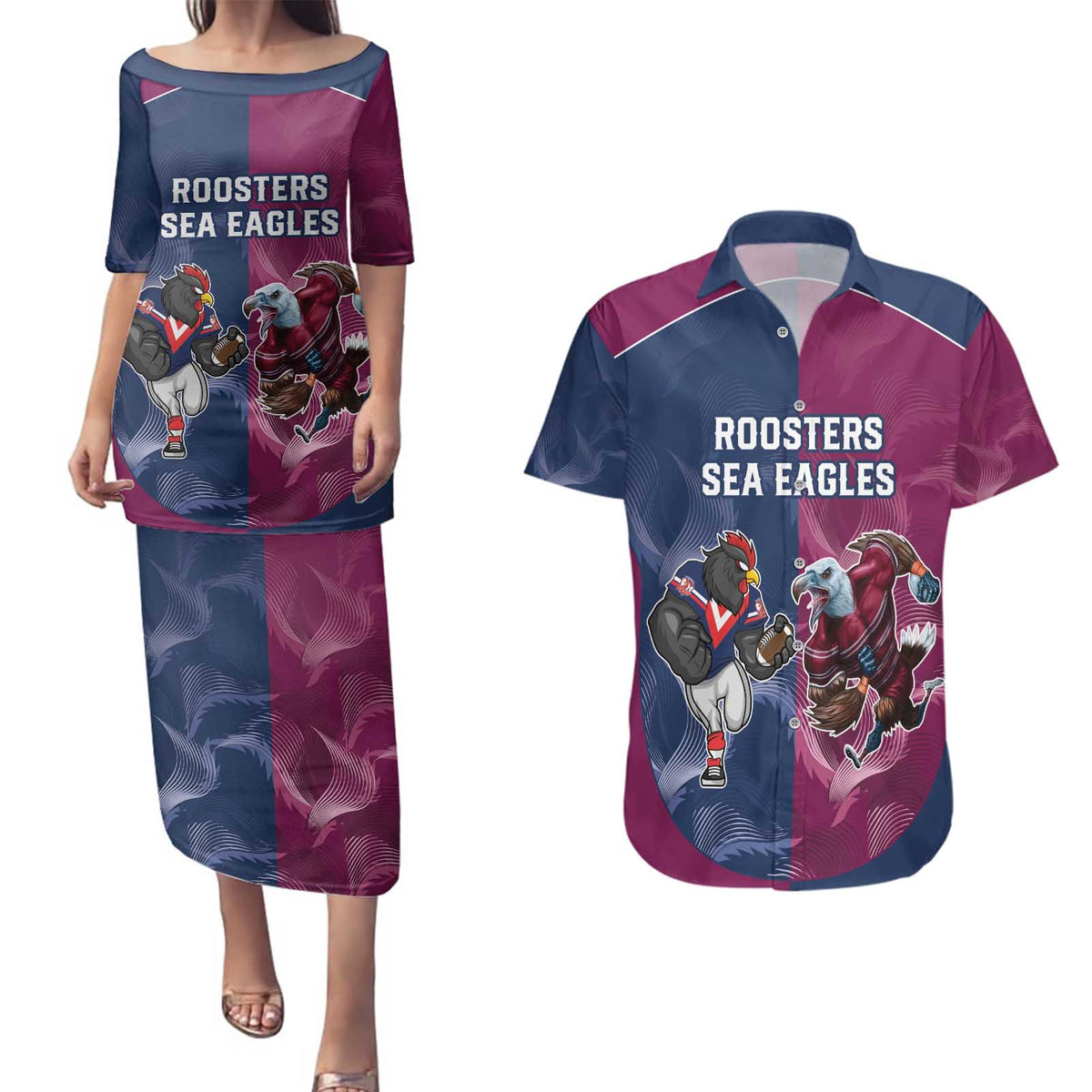 Roosters-Sea Eagles Rugby Custom Couples Matching Puletasi and Hawaiian Shirt Half Grunge Style