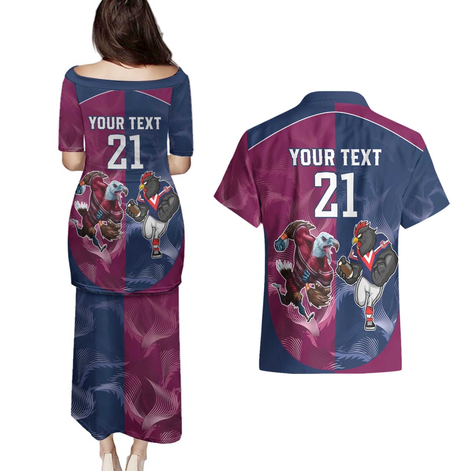 Roosters-Sea Eagles Rugby Custom Couples Matching Puletasi and Hawaiian Shirt Half Grunge Style