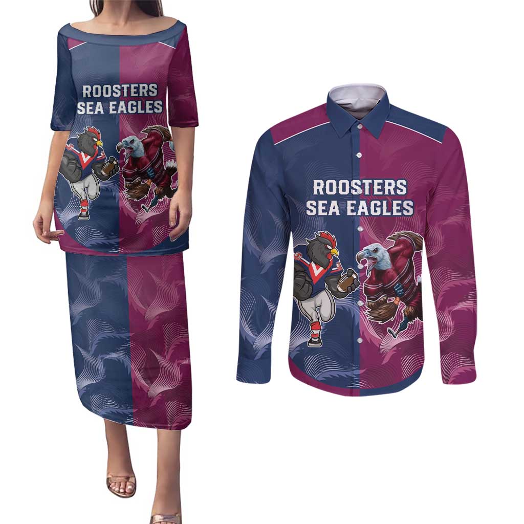 Roosters-Sea Eagles Rugby Custom Couples Matching Puletasi and Long Sleeve Button Shirt Half Grunge Style