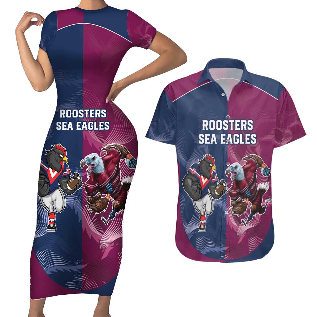 Roosters-Sea Eagles Rugby Custom Couples Matching Short Sleeve Bodycon Dress and Hawaiian Shirt Half Grunge Style
