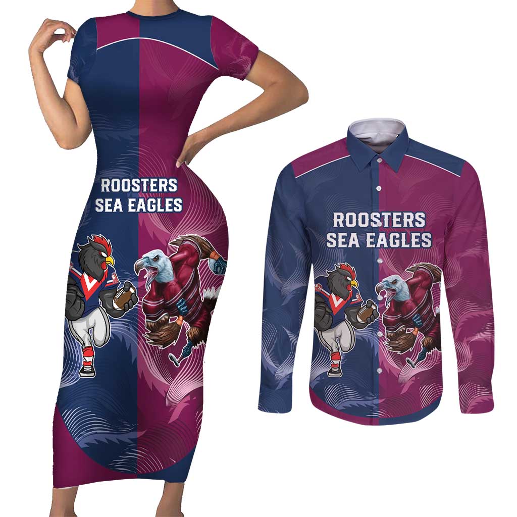 Roosters-Sea Eagles Rugby Custom Couples Matching Short Sleeve Bodycon Dress and Long Sleeve Button Shirt Half Grunge Style