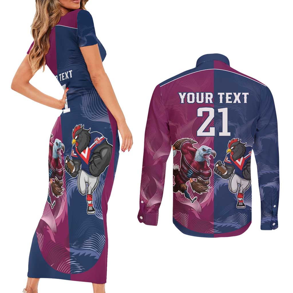 Roosters-Sea Eagles Rugby Custom Couples Matching Short Sleeve Bodycon Dress and Long Sleeve Button Shirt Half Grunge Style