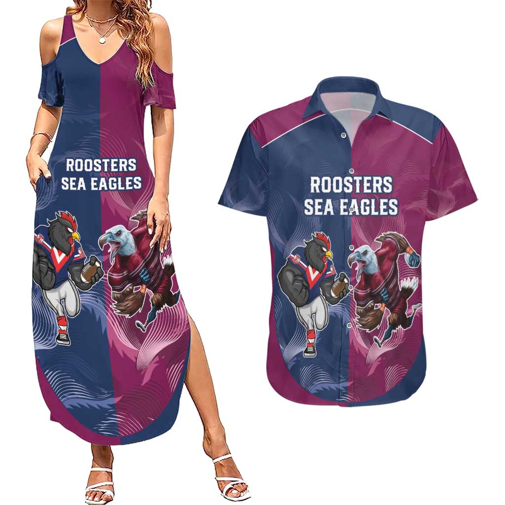 Roosters-Sea Eagles Rugby Custom Couples Matching Summer Maxi Dress and Hawaiian Shirt Half Grunge Style