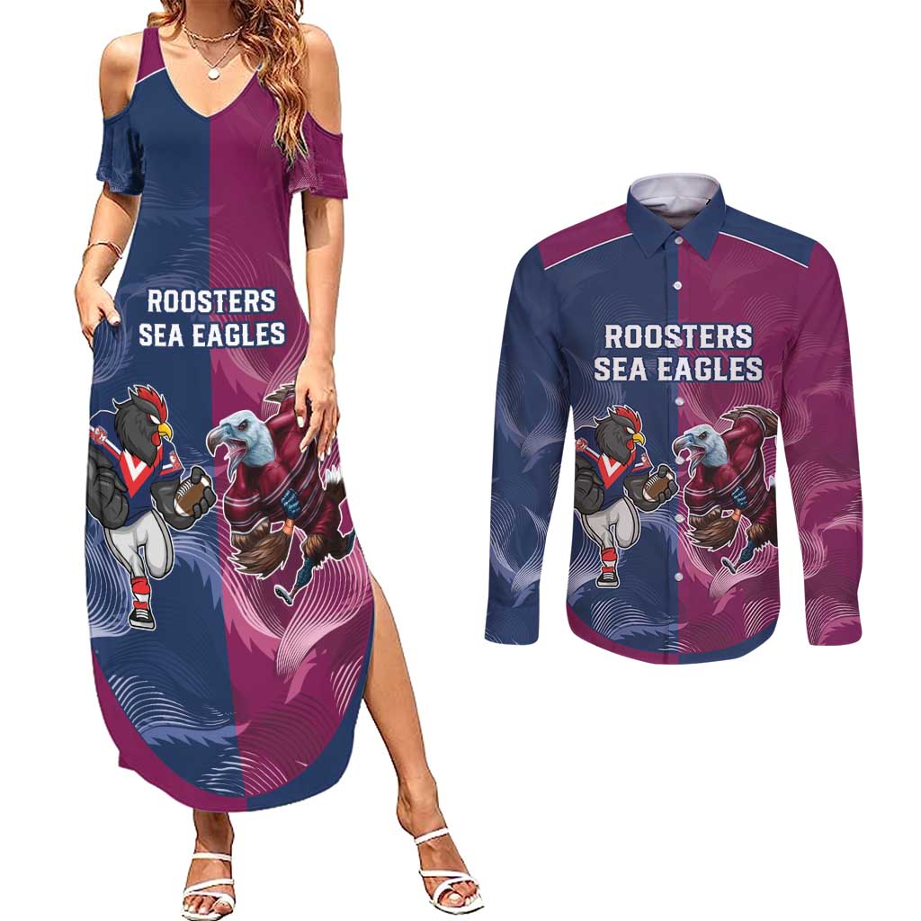 Roosters-Sea Eagles Rugby Custom Couples Matching Summer Maxi Dress and Long Sleeve Button Shirt Half Grunge Style