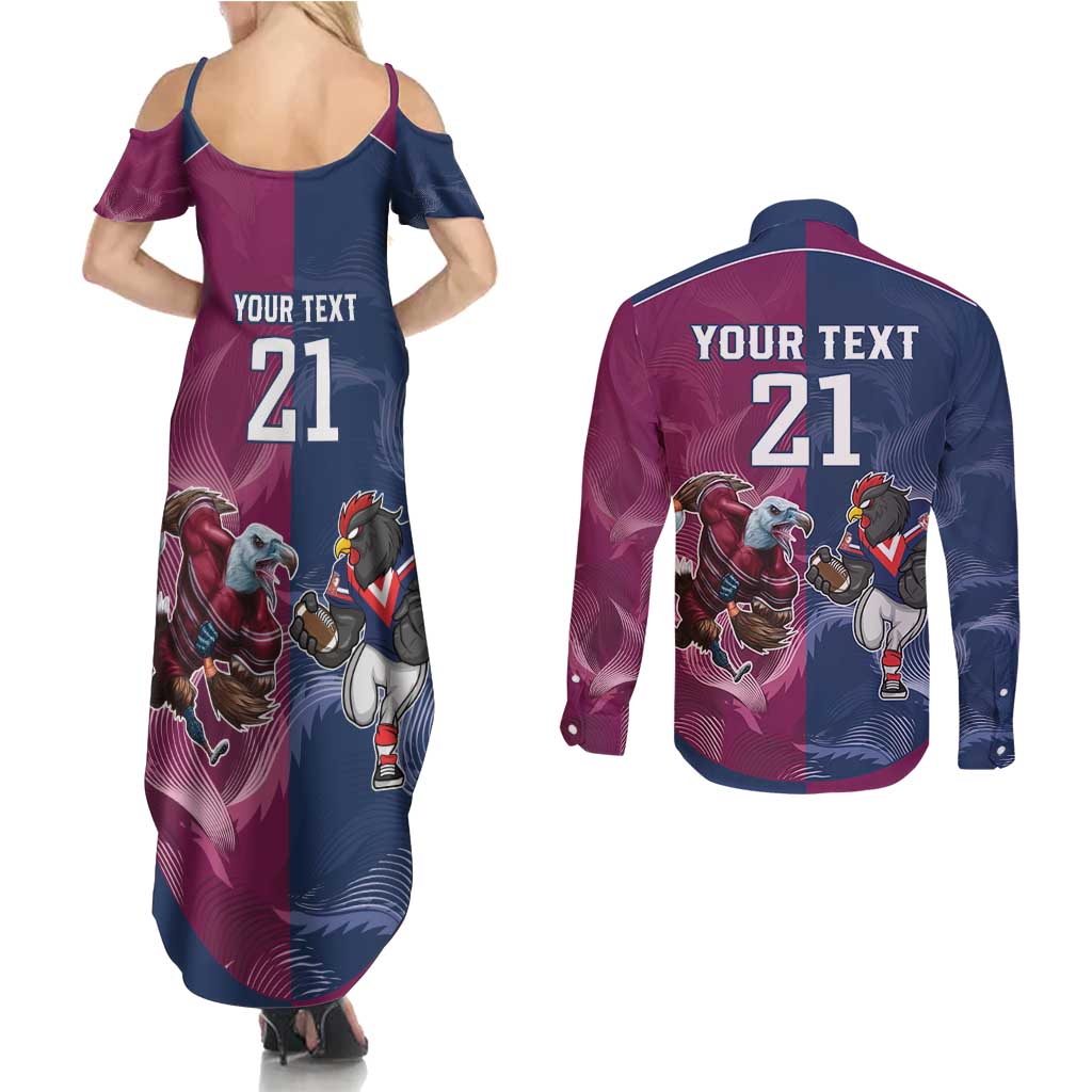 Roosters-Sea Eagles Rugby Custom Couples Matching Summer Maxi Dress and Long Sleeve Button Shirt Half Grunge Style