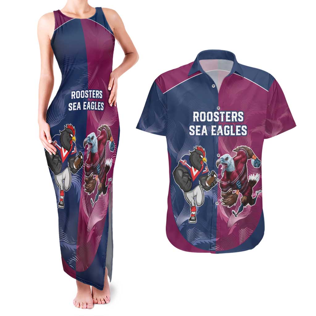 Roosters-Sea Eagles Rugby Custom Couples Matching Tank Maxi Dress and Hawaiian Shirt Half Grunge Style