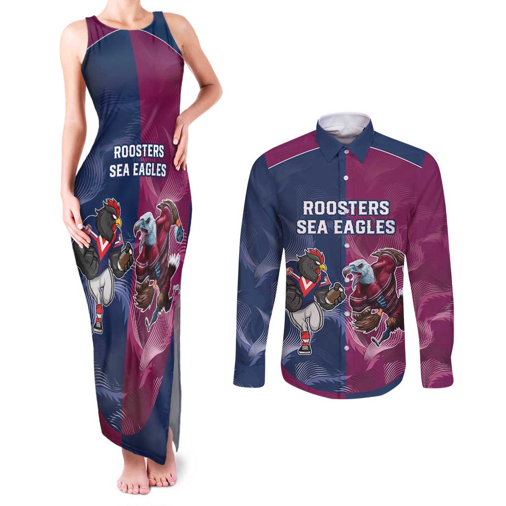 Roosters-Sea Eagles Rugby Custom Couples Matching Tank Maxi Dress and Long Sleeve Button Shirt Half Grunge Style