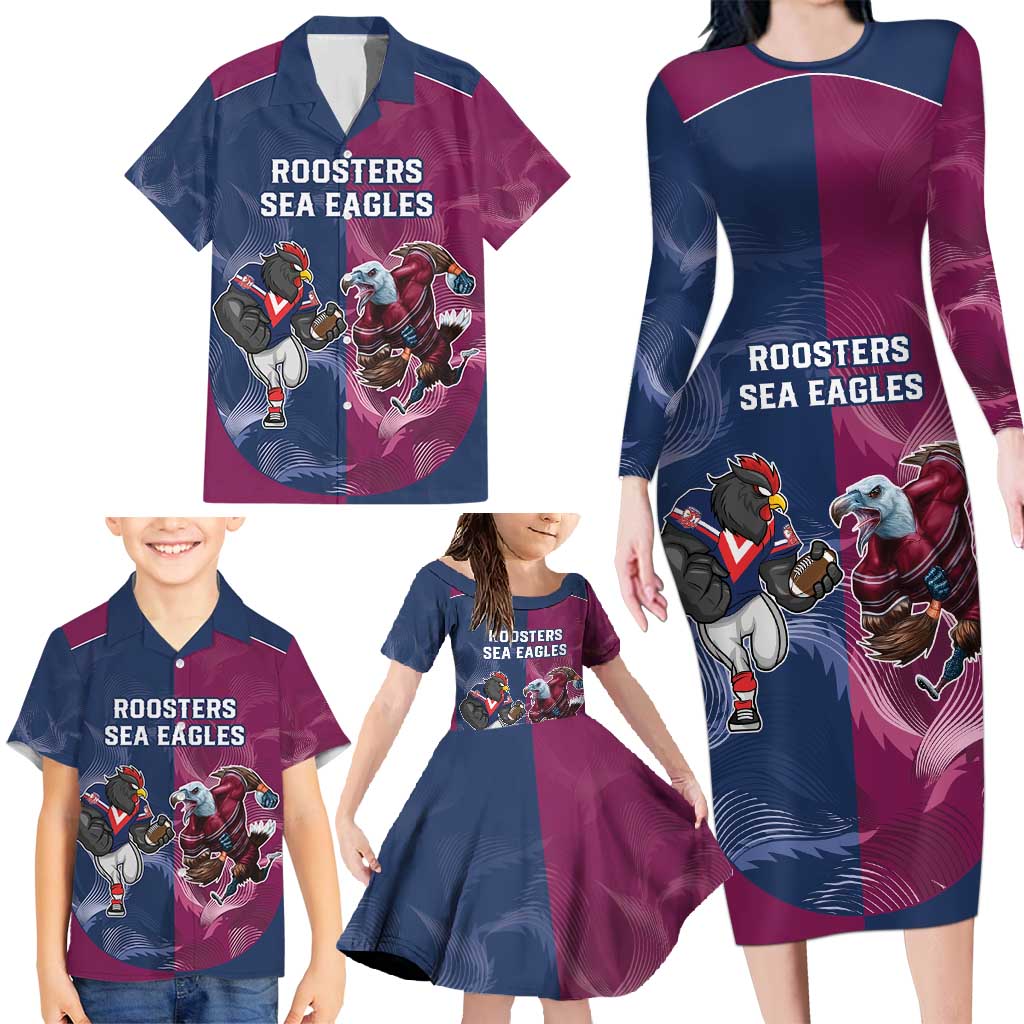 Roosters-Sea Eagles Rugby Custom Family Matching Long Sleeve Bodycon Dress and Hawaiian Shirt Half Grunge Style