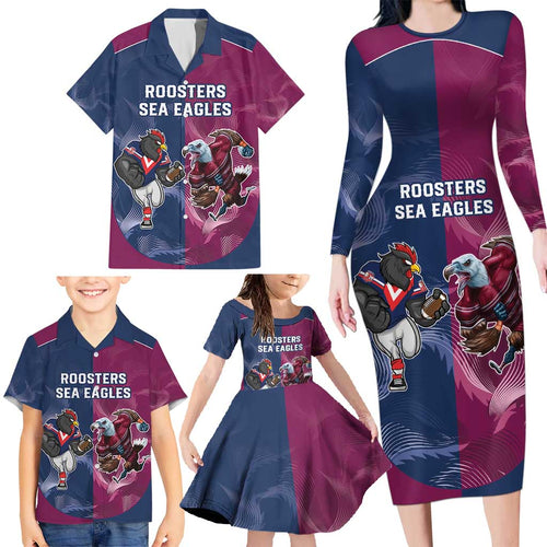 Roosters-Sea Eagles Rugby Custom Family Matching Long Sleeve Bodycon Dress and Hawaiian Shirt Half Grunge Style