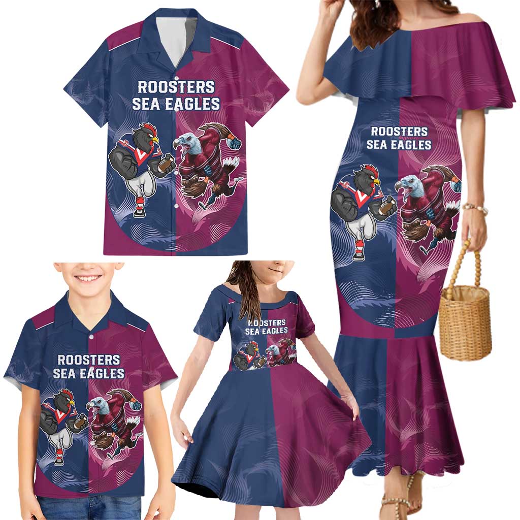 Roosters-Sea Eagles Rugby Custom Family Matching Mermaid Dress and Hawaiian Shirt Half Grunge Style