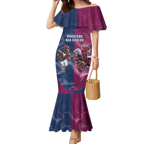 Roosters-Sea Eagles Rugby Custom Family Matching Mermaid Dress and Hawaiian Shirt Half Grunge Style