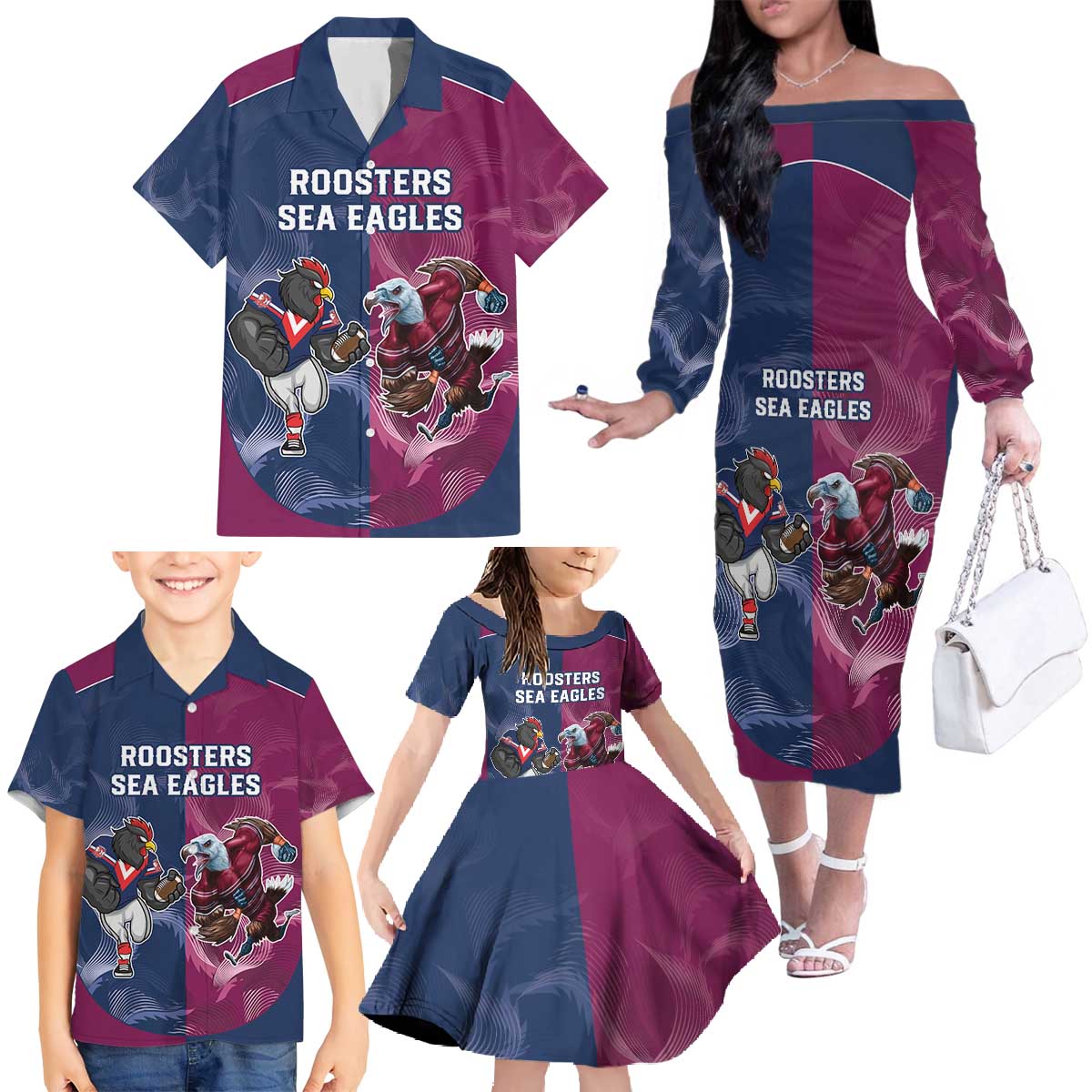 Roosters-Sea Eagles Rugby Custom Family Matching Off The Shoulder Long Sleeve Dress and Hawaiian Shirt Half Grunge Style