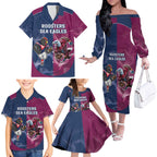 Roosters-Sea Eagles Rugby Custom Family Matching Off The Shoulder Long Sleeve Dress and Hawaiian Shirt Half Grunge Style