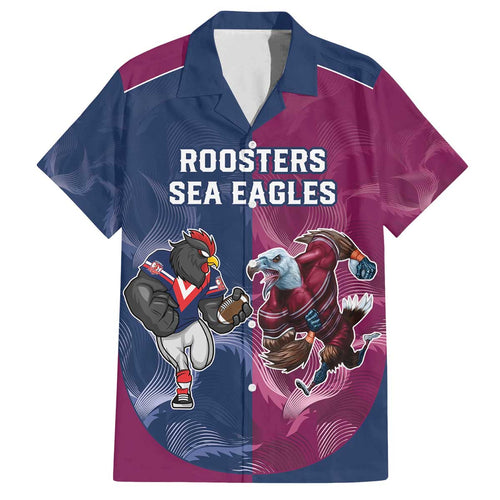 Roosters-Sea Eagles Rugby Custom Family Matching Off The Shoulder Long Sleeve Dress and Hawaiian Shirt Half Grunge Style