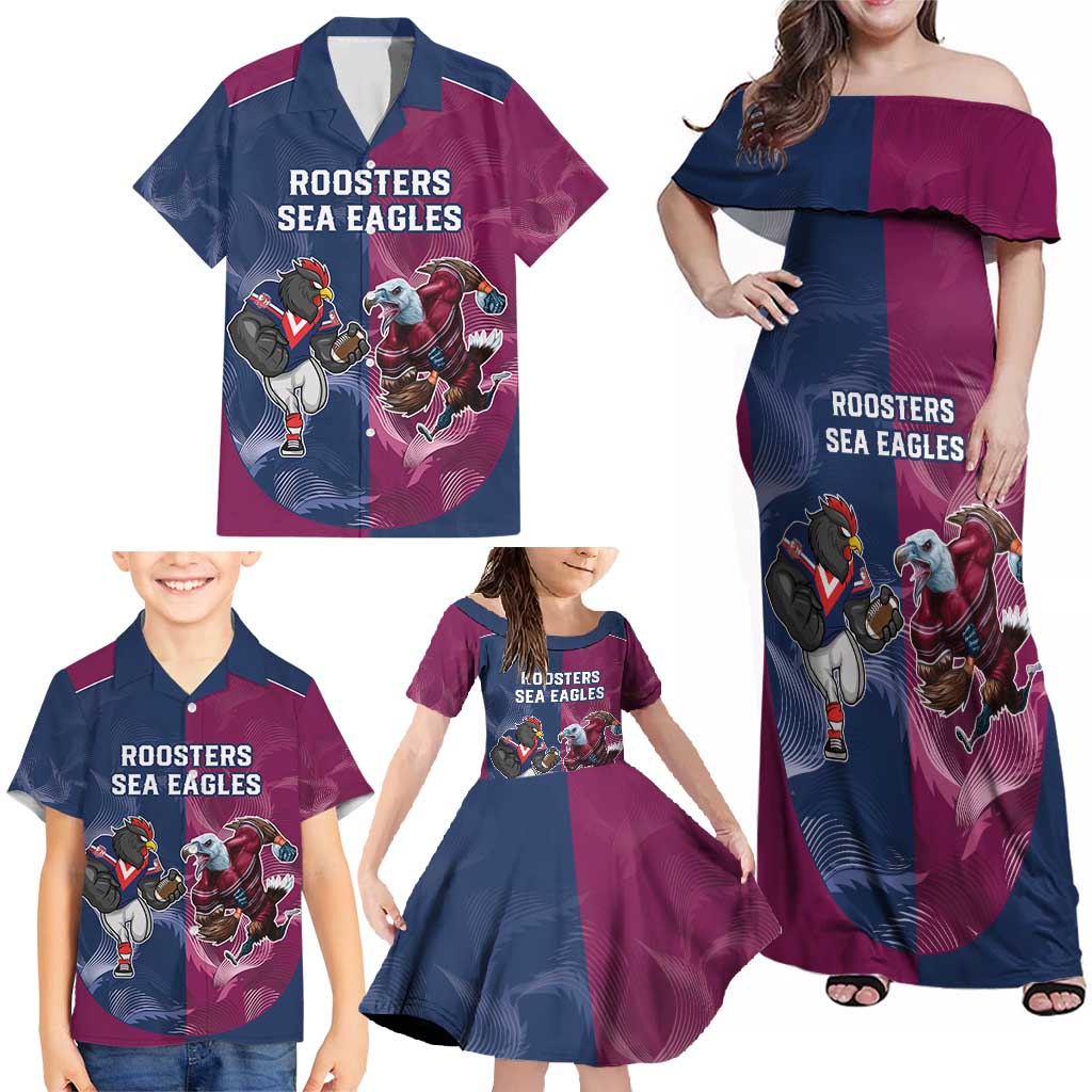 Roosters-Sea Eagles Rugby Custom Family Matching Off Shoulder Maxi Dress and Hawaiian Shirt Half Grunge Style