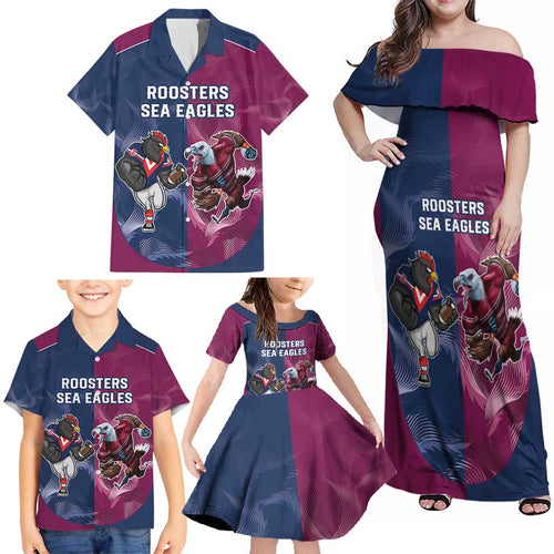 Roosters-Sea Eagles Rugby Custom Family Matching Off Shoulder Maxi Dress and Hawaiian Shirt Half Grunge Style