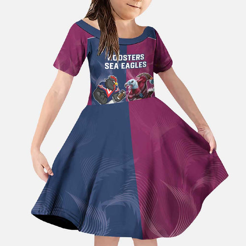 Roosters-Sea Eagles Rugby Custom Family Matching Off Shoulder Maxi Dress and Hawaiian Shirt Half Grunge Style