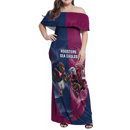 Roosters-Sea Eagles Rugby Custom Family Matching Off Shoulder Maxi Dress and Hawaiian Shirt Half Grunge Style