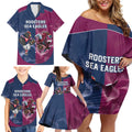 Roosters-Sea Eagles Rugby Custom Family Matching Off Shoulder Short Dress and Hawaiian Shirt Half Grunge Style