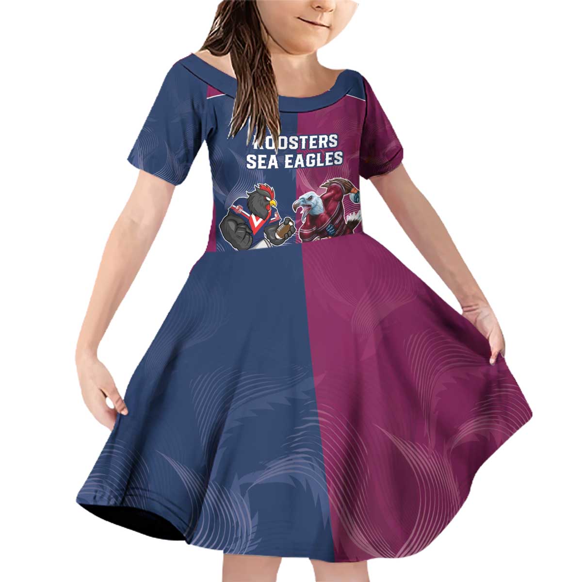 Roosters-Sea Eagles Rugby Custom Family Matching Off Shoulder Short Dress and Hawaiian Shirt Half Grunge Style