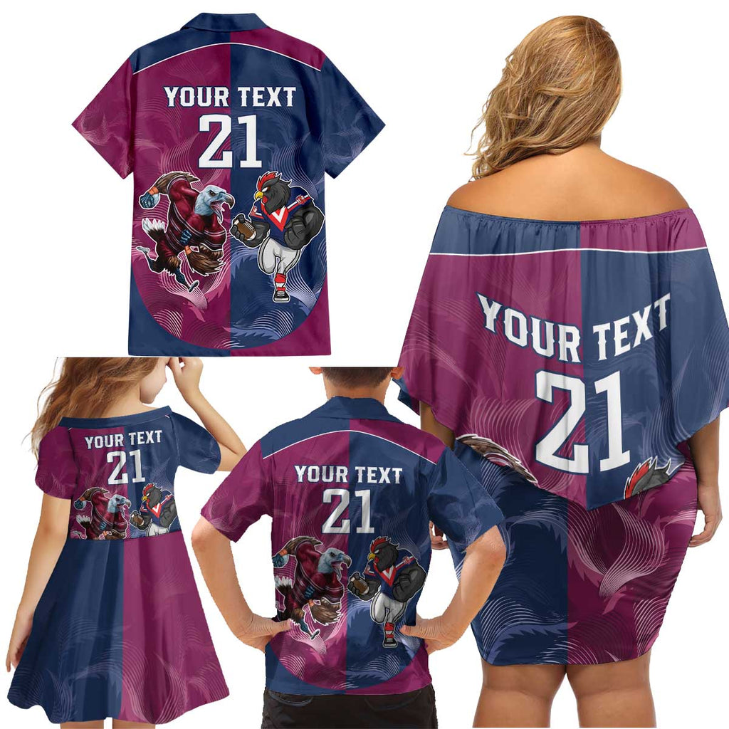 Roosters-Sea Eagles Rugby Custom Family Matching Off Shoulder Short Dress and Hawaiian Shirt Half Grunge Style