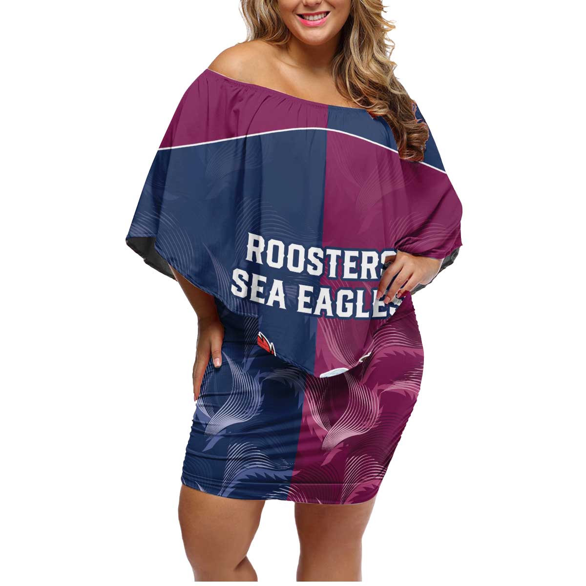Roosters-Sea Eagles Rugby Custom Family Matching Off Shoulder Short Dress and Hawaiian Shirt Half Grunge Style