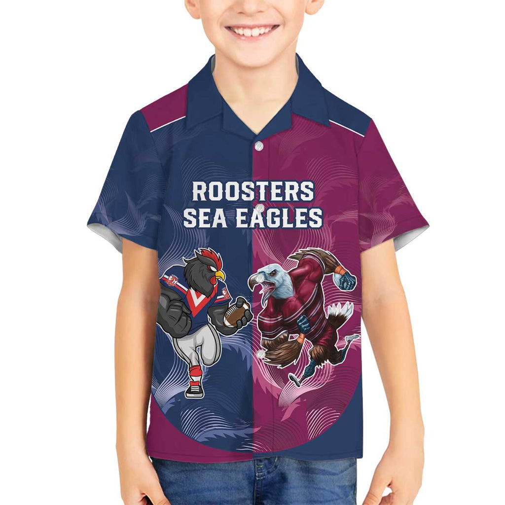 Roosters-Sea Eagles Rugby Custom Family Matching Off Shoulder Short Dress and Hawaiian Shirt Half Grunge Style