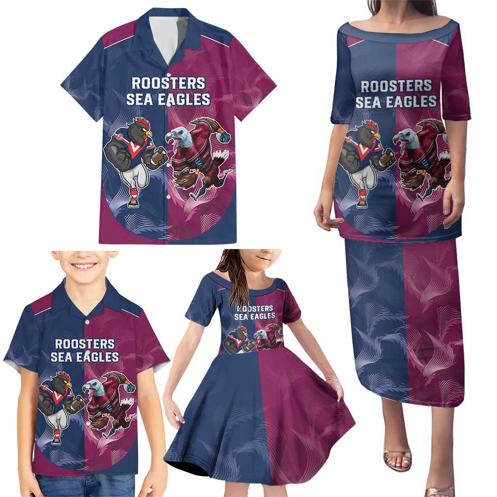Roosters-Sea Eagles Rugby Custom Family Matching Puletasi and Hawaiian Shirt Half Grunge Style
