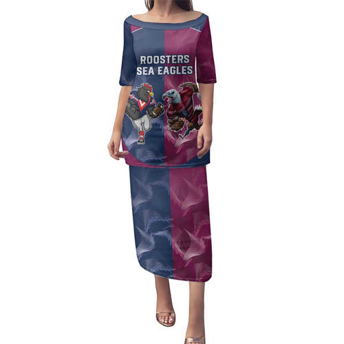 Roosters-Sea Eagles Rugby Custom Family Matching Puletasi and Hawaiian Shirt Half Grunge Style