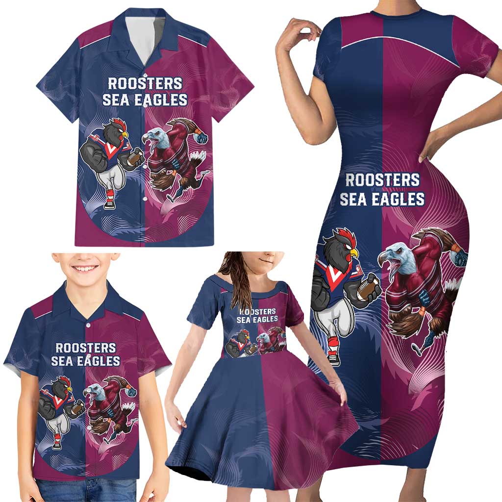 Roosters-Sea Eagles Rugby Custom Family Matching Short Sleeve Bodycon Dress and Hawaiian Shirt Half Grunge Style