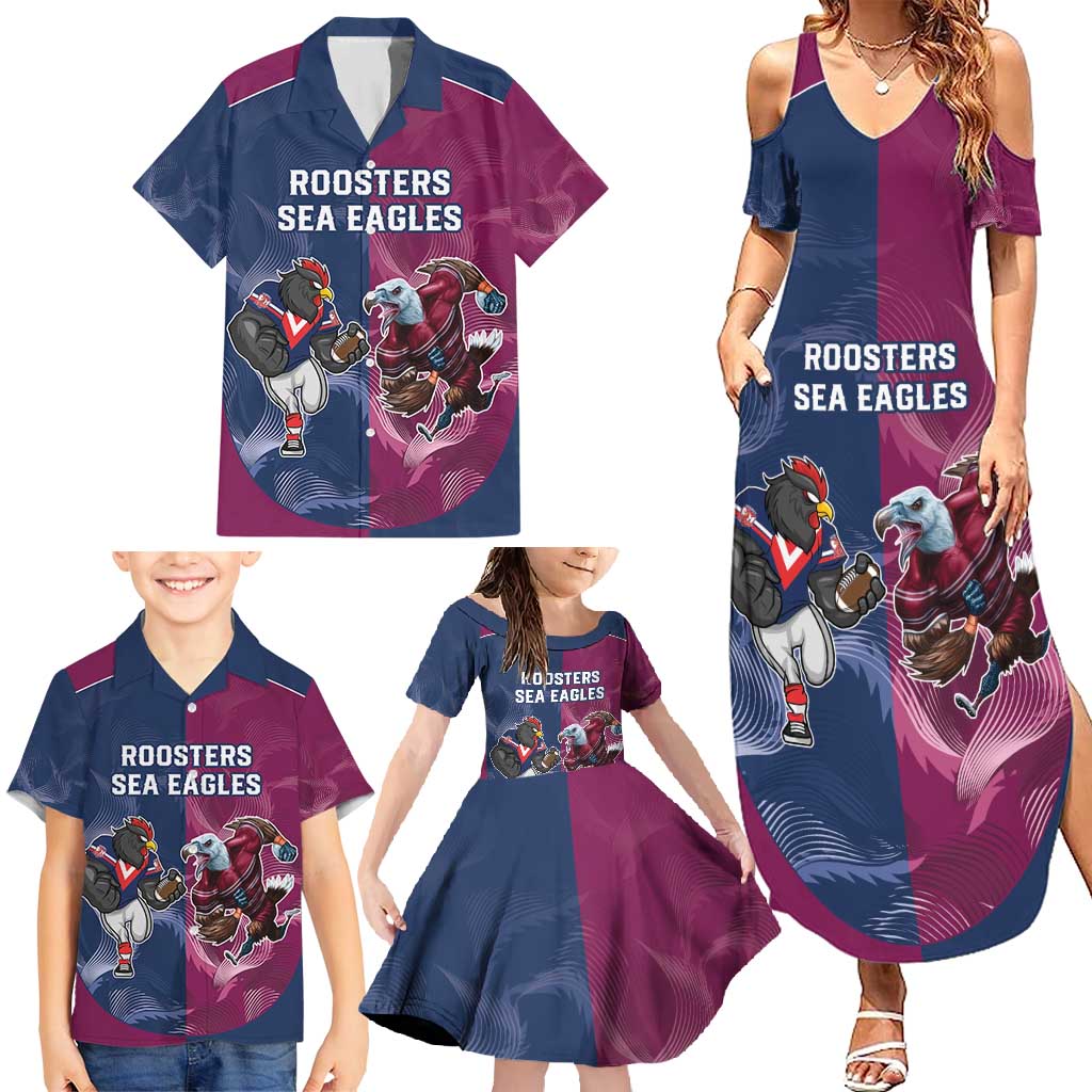 Roosters-Sea Eagles Rugby Custom Family Matching Summer Maxi Dress and Hawaiian Shirt Half Grunge Style