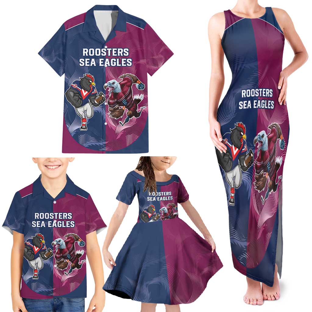 Roosters-Sea Eagles Rugby Custom Family Matching Tank Maxi Dress and Hawaiian Shirt Half Grunge Style