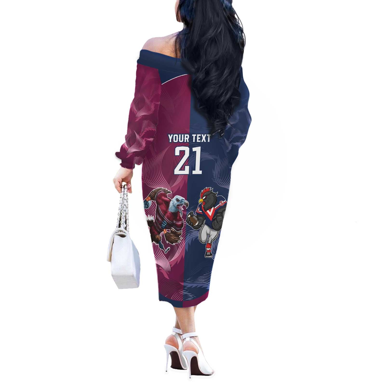 Roosters-Sea Eagles Rugby Custom Off The Shoulder Long Sleeve Dress Half Grunge Style