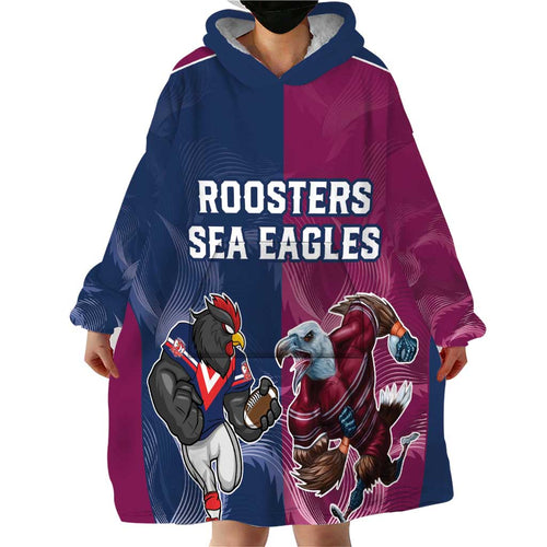 Roosters-Sea Eagles Rugby Custom Wearable Blanket Hoodie Half Grunge Style